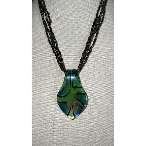 Glass Necklace pendant seed beads rainbow green blue gray metallic EUC boho - Picture 2 of 5